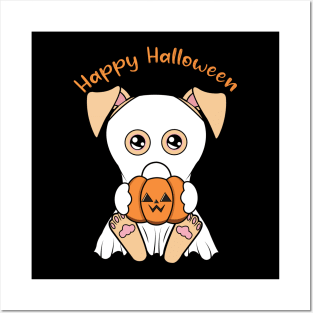 Happy Halloween Cute ghost dog, Kawaii black dog with pumpkin Posters and Art